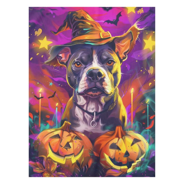 Spooky Pitbull Halloween Hexe und Pumpkin Tischdecke (Vorderseite)