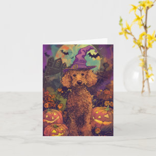 Spooky Poodle Hund Halloween Hexe und Kürbis Karte