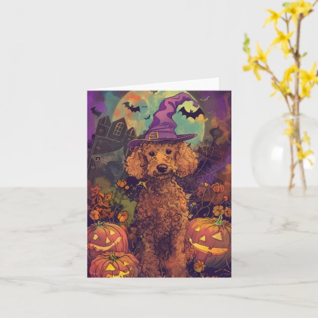 Spooky Poodle Hund Halloween Hexe und Kürbis Karte (Gelbe Blume)
