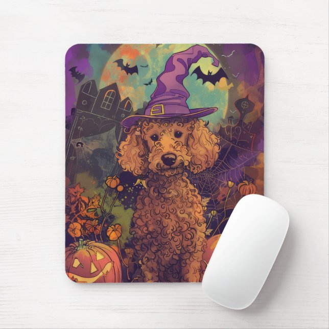 Spooky Poodle Hund Halloween Hexe und Kürbis Mousepad (Mit Mouse)