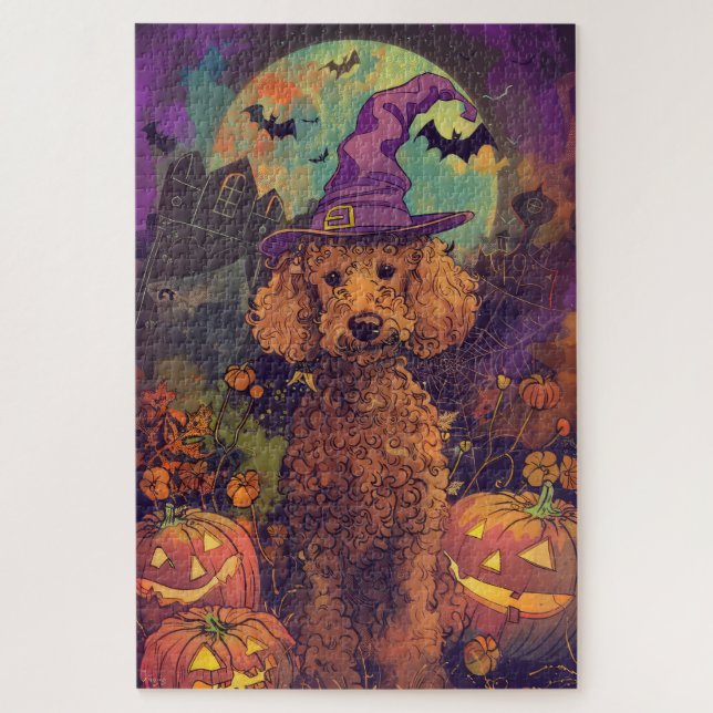 Spooky Poodle Hund Halloween Hexe und Kürbis Puzzle (Vertikal)