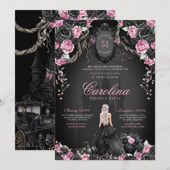 Spooky Princess Gothic Halloween Quinceanera Einladung (Vorne/Hinten)