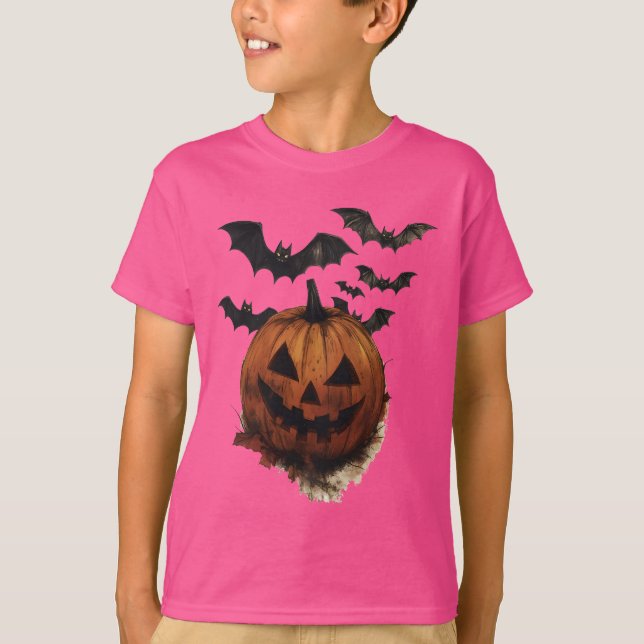 Spooky Pumpkin & Bats Halloween Art T-Shirt (Vorderseite)