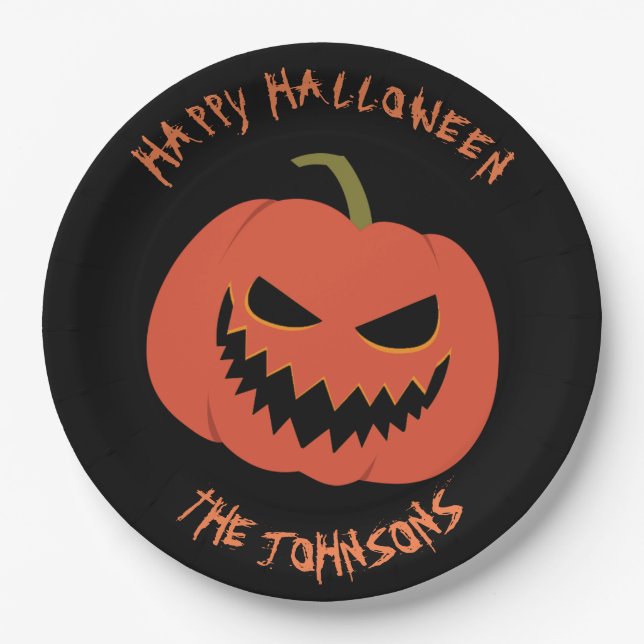 Spooky Pumpkin Black Halloween-Party Ihr Name Pappteller (Vorderseite)