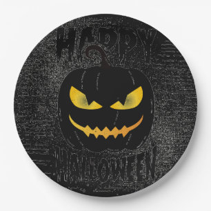 Spooky Pumpkin Black Halloween-Party Pappteller