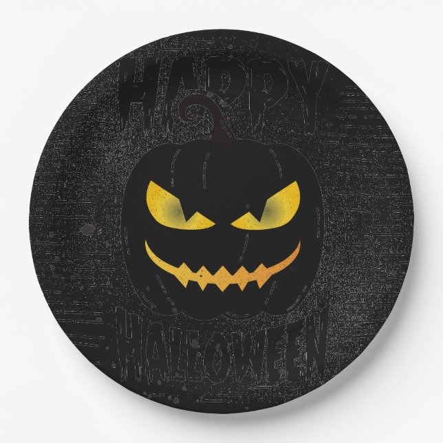 Spooky Pumpkin Black Halloween-Party Pappteller (Vorderseite)