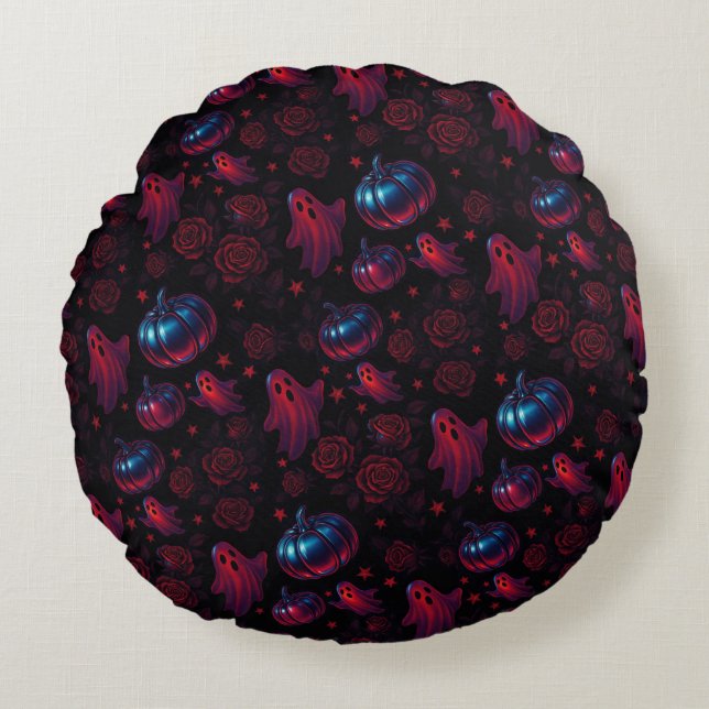 Spooky Pumpkin Ghost Rose Round Pillow Rundes Kissen (Vorderseite)
