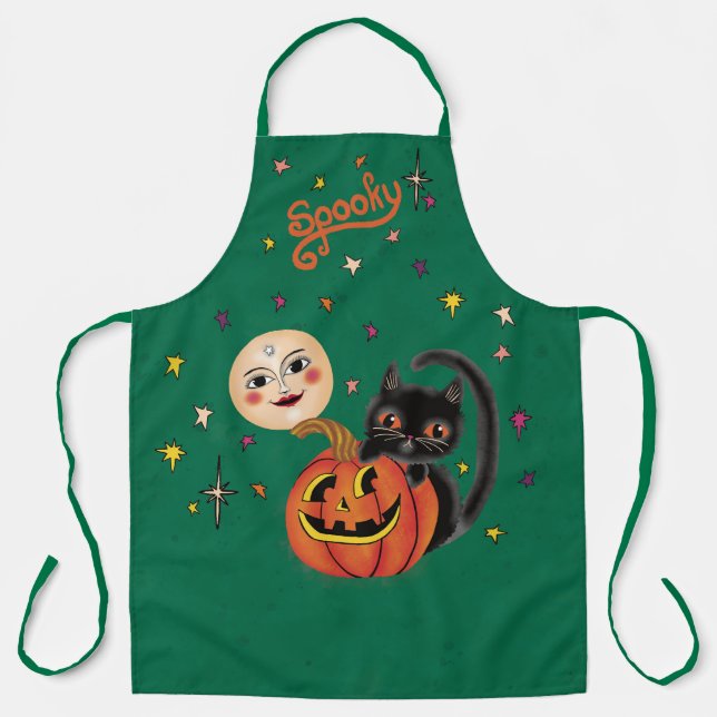 Spooky Pumpkin Kitten Moon - Jungle Green Schürze (Vorderseite)