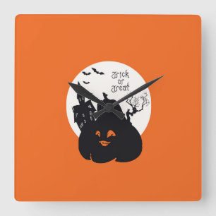Spooky Pumpkin Trick oder Behandlung Quadratische Wanduhr