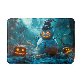 Spooky Pumpkin und Snowman, Forest Halloween Scene Badematte