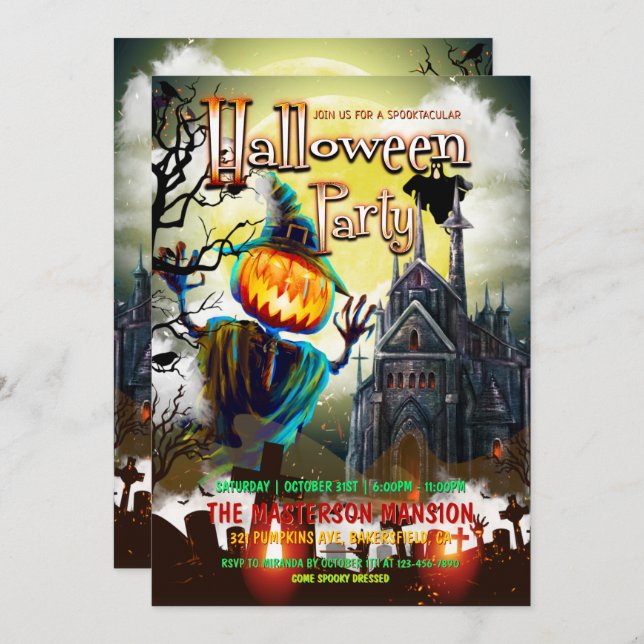 Spooky Pumpkins, Friedhof, Geisterhaus Halloween-P Einladung (Vorne/Hinten)