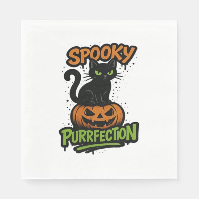 Spooky Purrfection - Niedliche Schwarze Katze auf  Serviette (Vorderseite)
