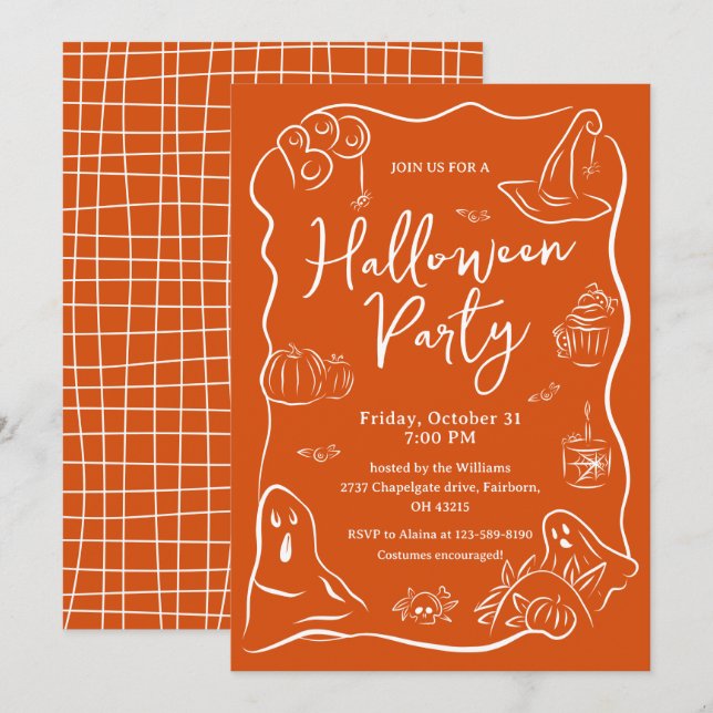Spooky Quirky Hand Drawn Doodle Halloween-Party Einladung (Vorne/Hinten)