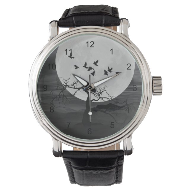 Spooky Ravens fliegen gegen den Vollmond Armbanduhr (Vorderseite)