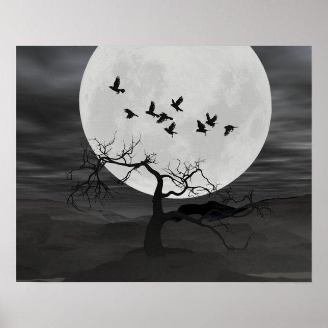 Spooky Ravens fliegen gegen den Vollmond Poster (Vorne)