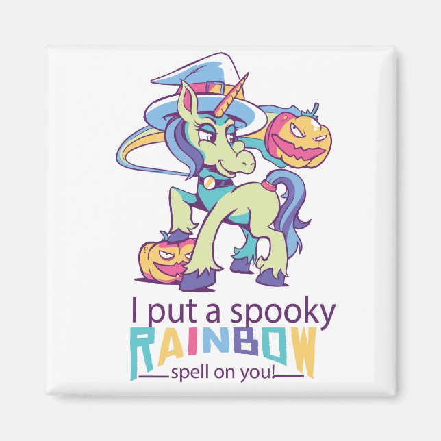 Spooky-Regenbogenzauber Halloween-Einhornhexe Magnet (Vorne)