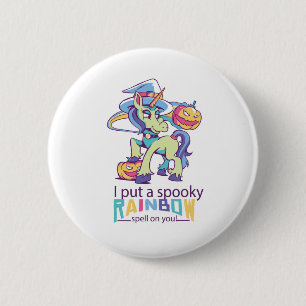 Spooky-Regenbogenzauber Halloween-Unicorn-Hexe Button