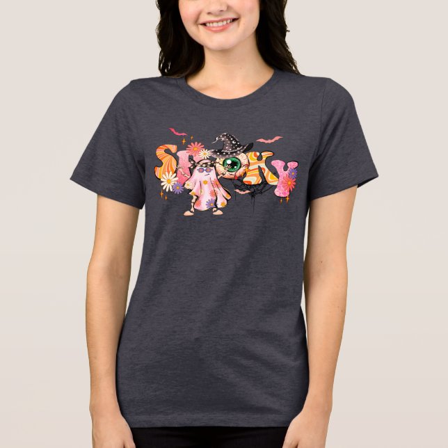 Spooky Retro Hippie Halloween Funny Ghost Tri-Blend Shirt (Vorderseite)