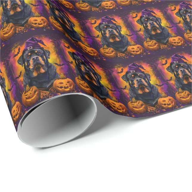 Spooky Rottweiler Hund Halloween Hexe und Pumpkin Geschenkpapier (Rolleneckpunkt)
