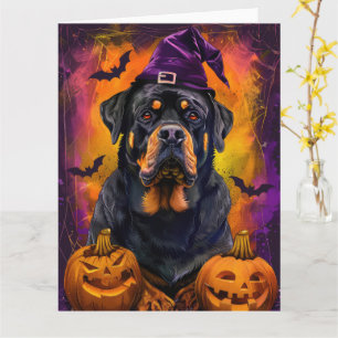 Spooky Rottweiler Hund Halloween Hexe und Pumpkin Karte