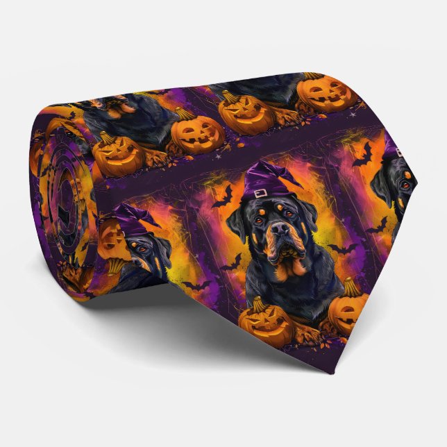 Spooky Rottweiler Hund Halloween Hexe und Pumpkin Krawatte (Gerollt)