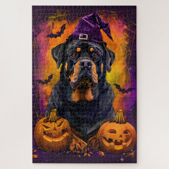 Spooky Rottweiler Hund Halloween Hexe und Pumpkin Puzzle (Vertikal)