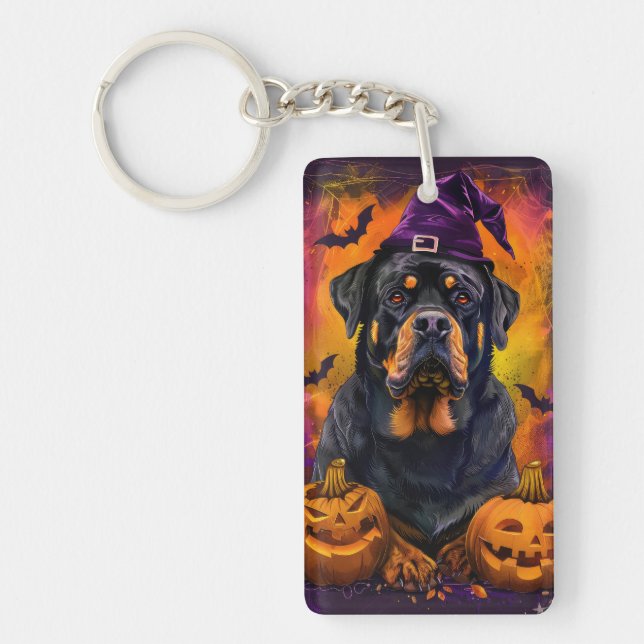 Spooky Rottweiler Hund Halloween Hexe und Pumpkin Schlüsselanhänger (Vorderseite)
