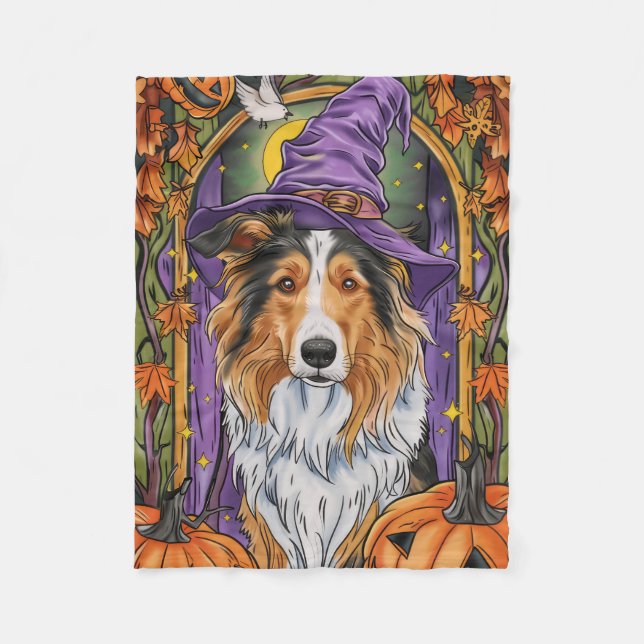 Spooky Rough Collie Dog Halloween Hexenkürbis Fleecedecke (Vorderseite)