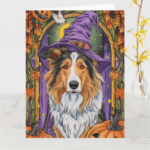 Spooky Rough Collie Dog Halloween Hexenkürbis Karte