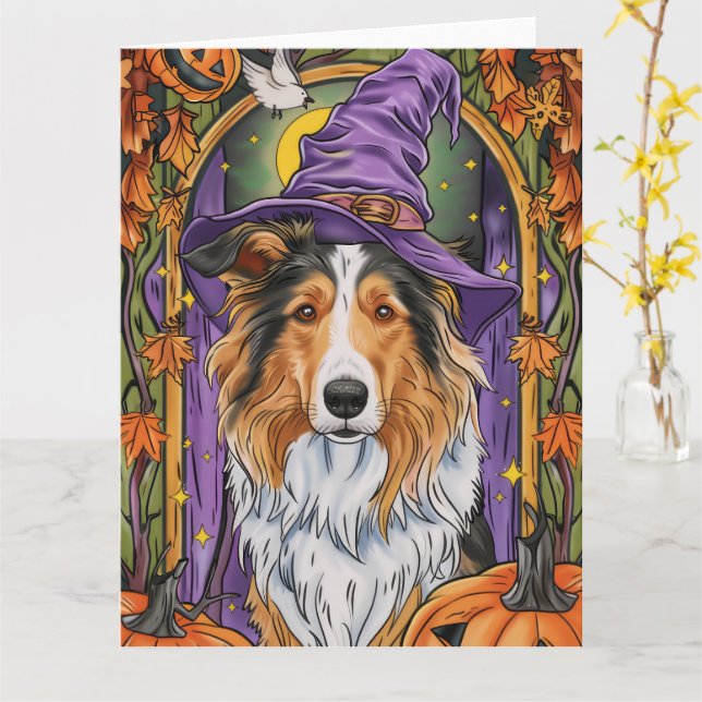 Spooky Rough Collie Dog Halloween Hexenkürbis Karte (Gelbe Blume)