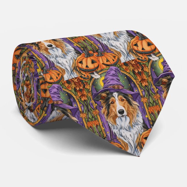 Spooky Rough Collie Dog Halloween Hexenkürbis Krawatte (Gerollt)