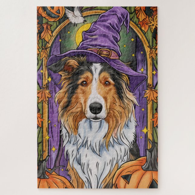 Spooky Rough Collie Dog Halloween Hexenkürbis Puzzle (Vertikal)