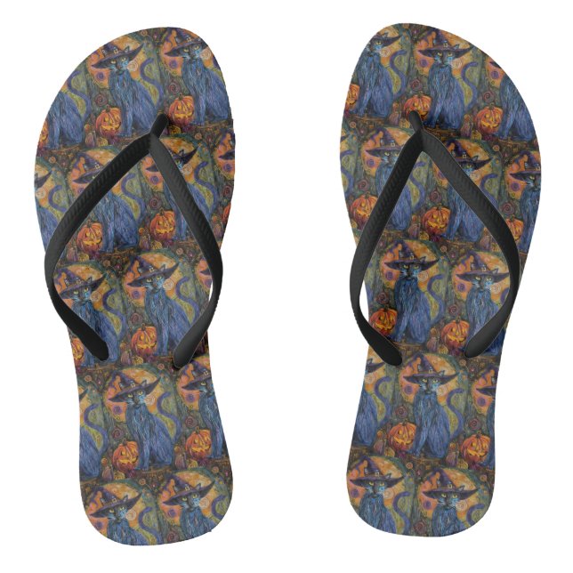 Spooky Russian Blue Cat Halloween Hexenkürbis Flip Flops (Fußbett)