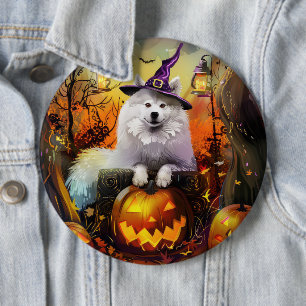 Spooky Samoyed Hund Halloween Hexe und Kürbiskröte Button