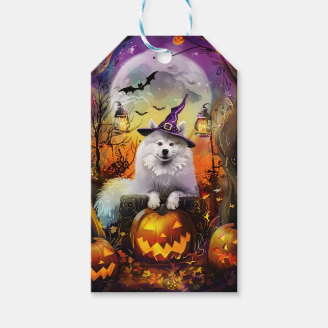 Spooky Samoyed Hund Halloween Hexe und Kürbiskröte Geschenkanhänger (Vorderseite)