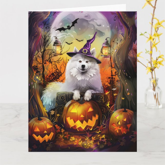 Spooky Samoyed Hund Halloween Hexe und Kürbiskröte Karte (Gelbe Blume)