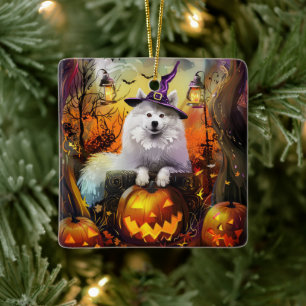 Spooky Samoyed Hund Halloween Hexe und Kürbiskröte Keramikornament