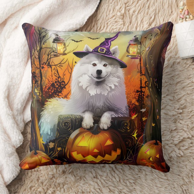 Spooky Samoyed Hund Halloween Hexe und Kürbiskröte Kissen (Decke)