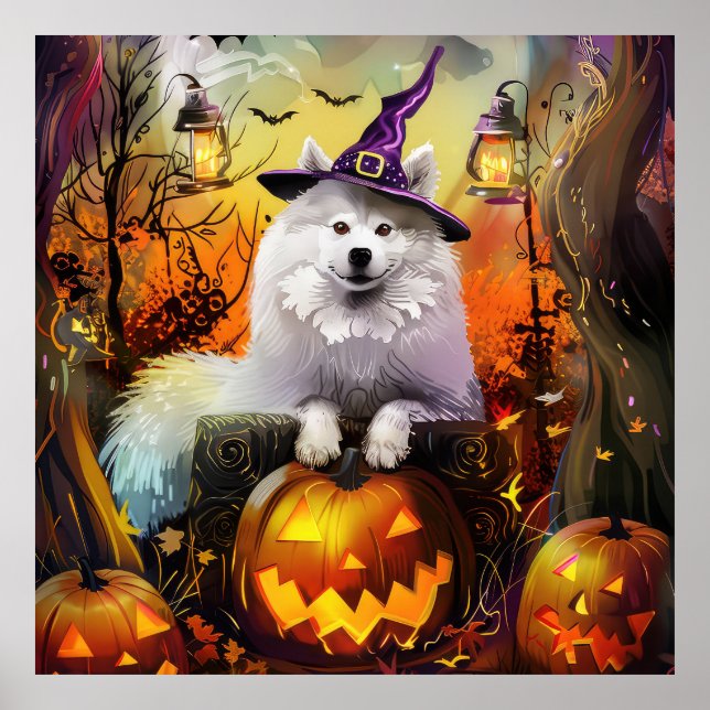 Spooky Samoyed Hund Halloween Hexe und Kürbiskröte Poster (Vorne)