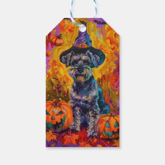 Spooky Schnauzer Hund Halloween Hexe und Pumpkin Geschenkanhänger (Vorderseite)