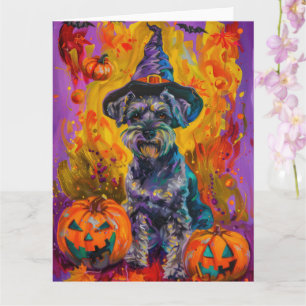 Spooky Schnauzer Hund Halloween Hexe und Pumpkin Karte