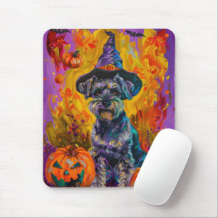 Spooky Schnauzer Hund Halloween Hexe und Pumpkin Mousepad