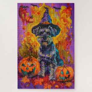 Spooky Schnauzer Hund Halloween Hexe und Pumpkin Puzzle