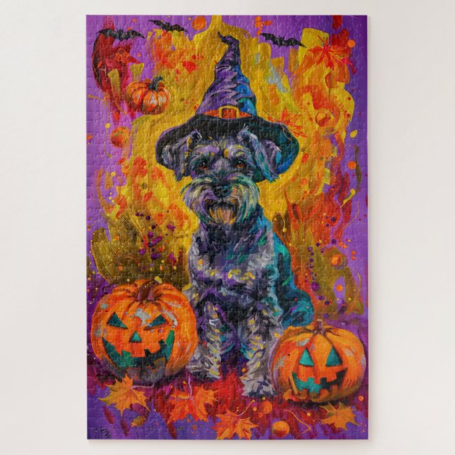 Spooky Schnauzer Hund Halloween Hexe und Pumpkin Puzzle (Vertikal)
