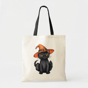 Spooky schwarze Katze mit Hexenhut Halloween Tragetasche