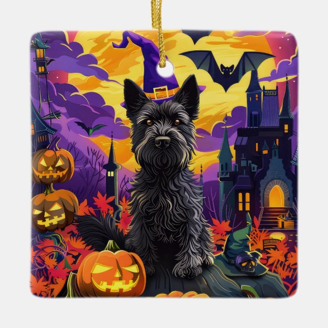 Spooky Scottish Terrier Halloween Hexch Pumpkin Keramikornament (Vorderseite)