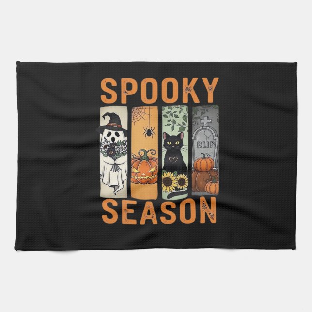 Spooky Season � Cute Ghost, Black Cat, Pumpkin & H Geschirrtuch (Horizontal)