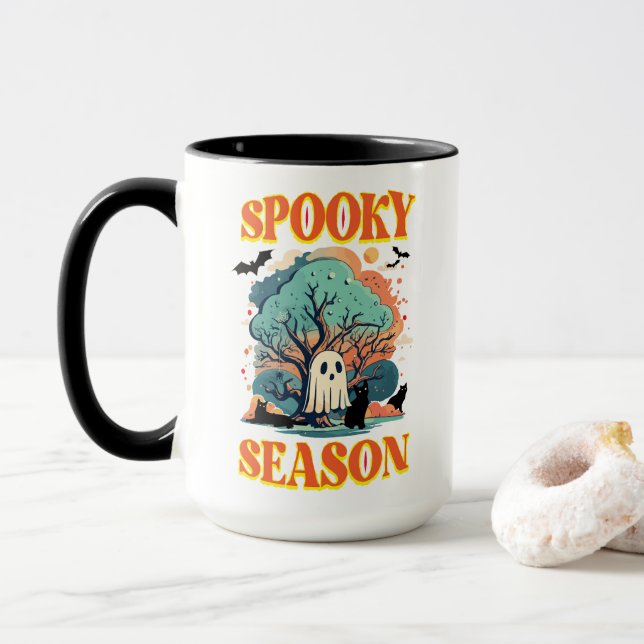 Spooky Season Ghost & Black Cat Halloween Design Tasse (Mit Donut)