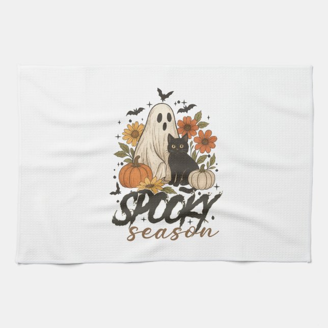 Spooky Season Ghost Retro Spooky Floral Halloween  Geschirrtuch (Horizontal)