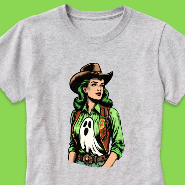 Spooky Season Green Retro Cowgirl mit Ghost T-Shirt (Spooky Season Green Retro Cowgirl with Ghost T-Shirt)